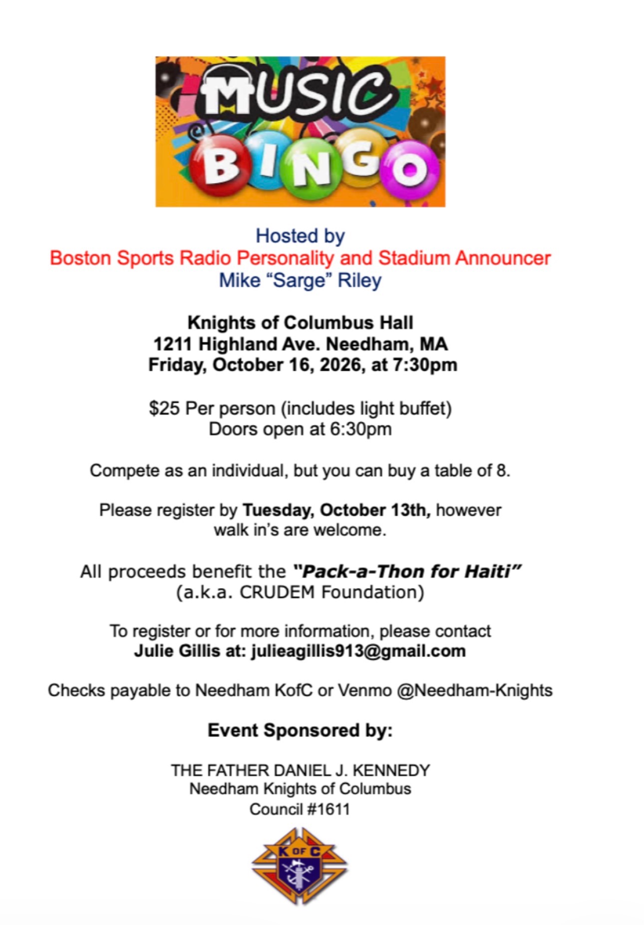 Music Bingo flyer: Friday, October 16, 2026 at 7:30pm, Knights of Columbus Hall, 1211 Highland Ave., Needham