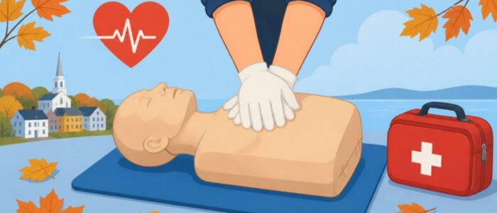 Illustration of a CPR training mannequin, gloved hands, a heart with pulse line and a first-aid kit